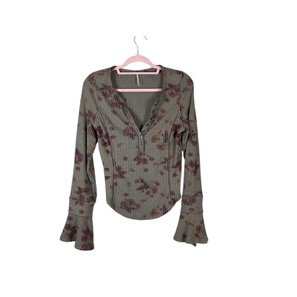 Free People Floral Ribbed Snap Henley Thermal Top M